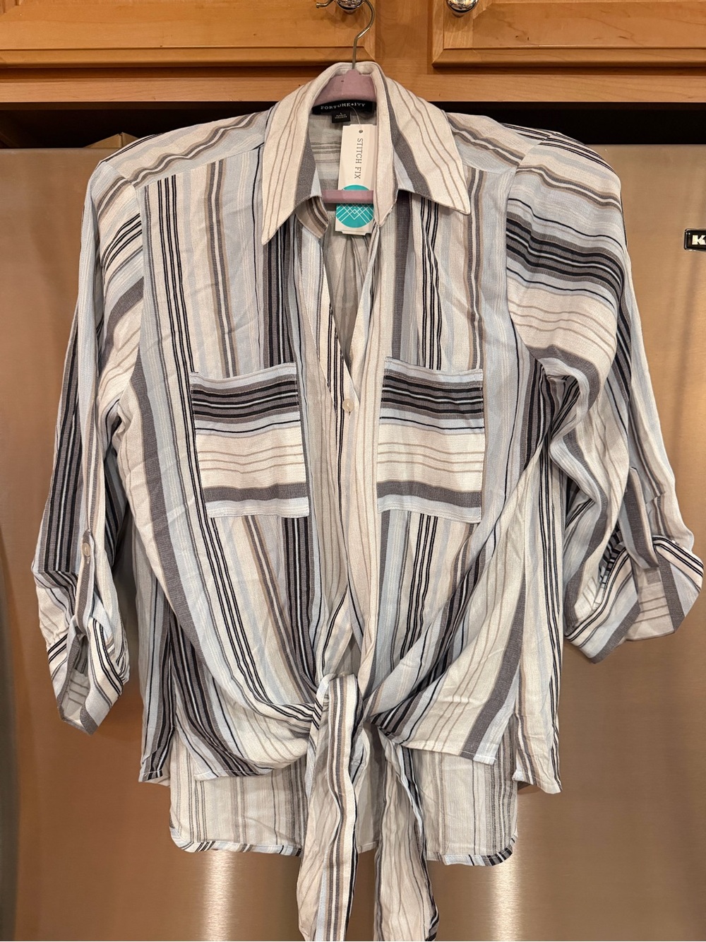 Lightweight Striped Button-Up Shirt - Gray, White, Black